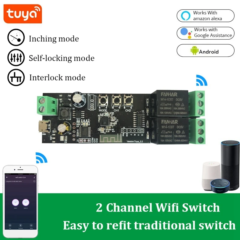 Módulo Tuya Relé WiFi, Interruptor DIY, Polonada, Selflock, Modos de Trabalho, APP, Voz, Controle LAN, Casa Inteligente, 7-32V