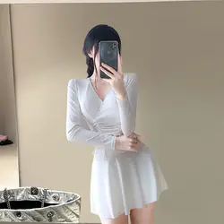 New Swimsuit Women's Split Two-piece Skirt Style Slimming Conservative Long Sleeves Sun Protection and Large Breasts Gathering