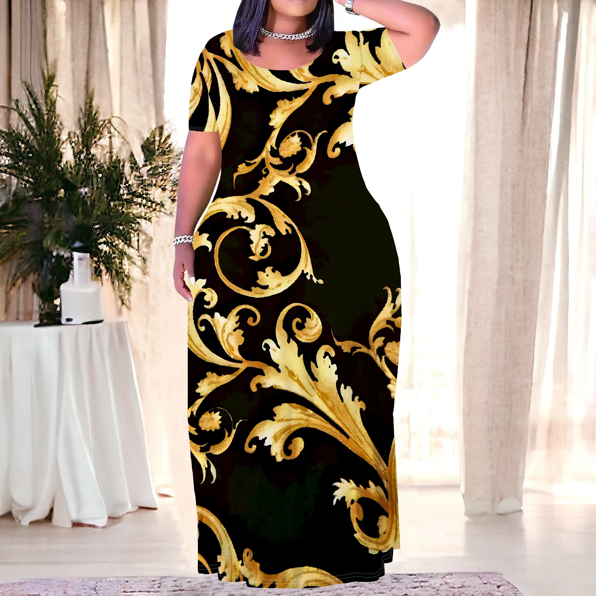 

Women's Purple Polka Dot Short-Sleeve Crew Neck Printed Maxi Dress with Pocket Polyester Evening Winter Bold