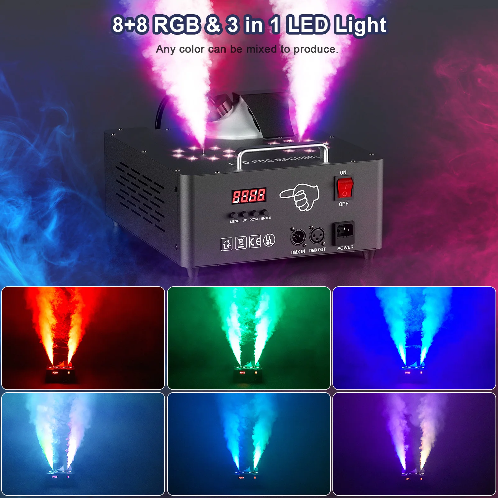 U\'King 2000W Smoke Machine Double-tube Adjustable Fog Machine DMX512 8+8 RGB 3IN1 LED 13CH Stage Colorful Spray Equipment