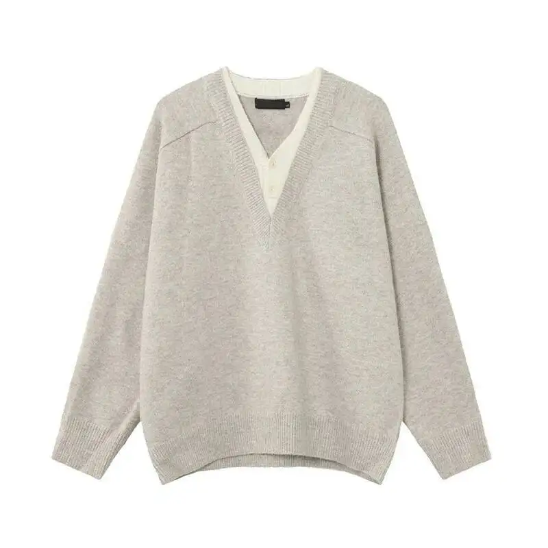 سترات رجالية على الطراز الكوري لخريف 2025 برقبة على شكل حرف v مكونة من قطعتين بألوان متباينة وأزرار تصميم بلوفر رجالي #6