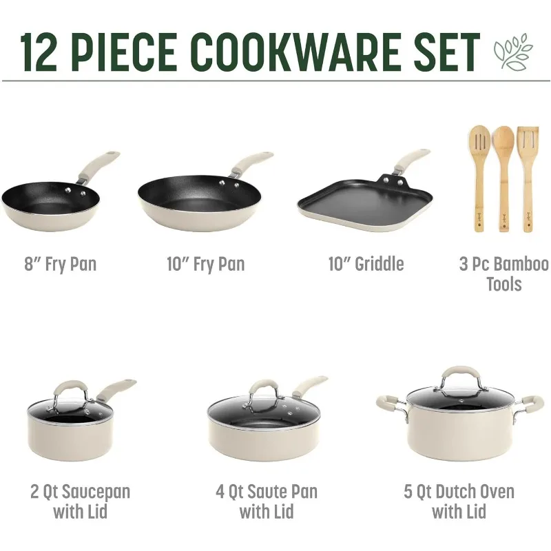 Ceramic Nonstick Pots and Pans Set, Premium Ceramic Coating Made without PFOA, PTFE or PFAS, Dishwasher Safe, 12-Piece