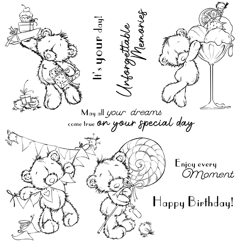Mangocraft Happy Birthday To Cute Doll Bear Cutting Dies Clear Stamp DIY Scrapbooking Metal Dies Silicone Stamp For Cards Albums