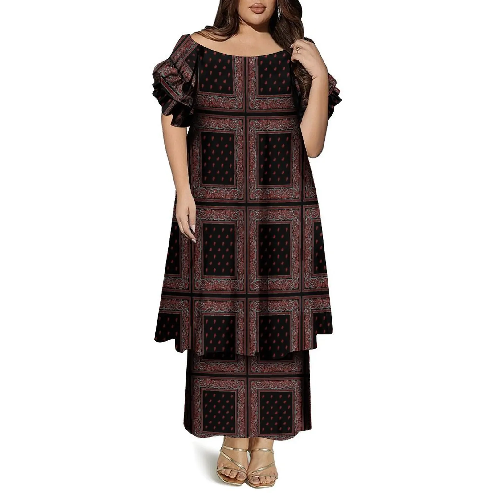 Tax Included High Quality Custom bandana Long Dress Large Size Women off the Shoulder Casual Clothes Short Sleeve Dress 2 Piece