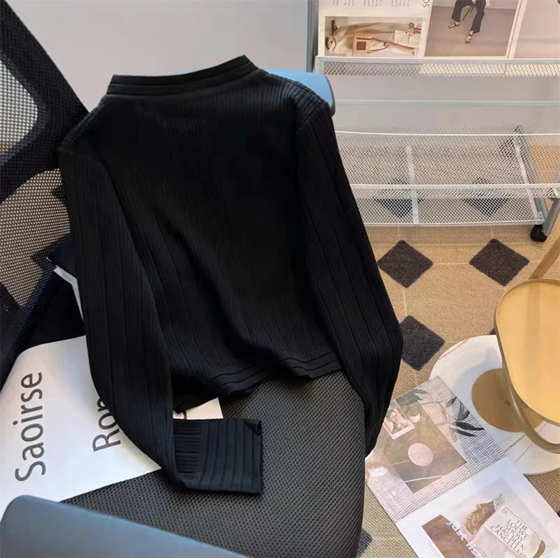 Atasan rajut pas badan untuk wanita, kardigan Sweater leher-o Single Breasted desain gaya malas warna polos baru