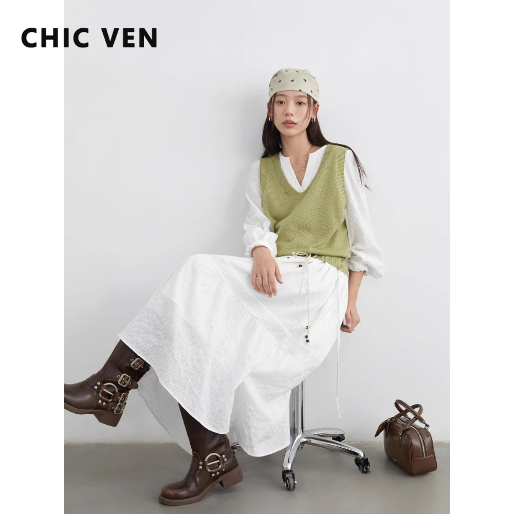 

CHIC VEN Women Dress Sets A Line Long Sleeve Solid Loose Casual Long Dress with Knitted Vest Spring Autumn 2025