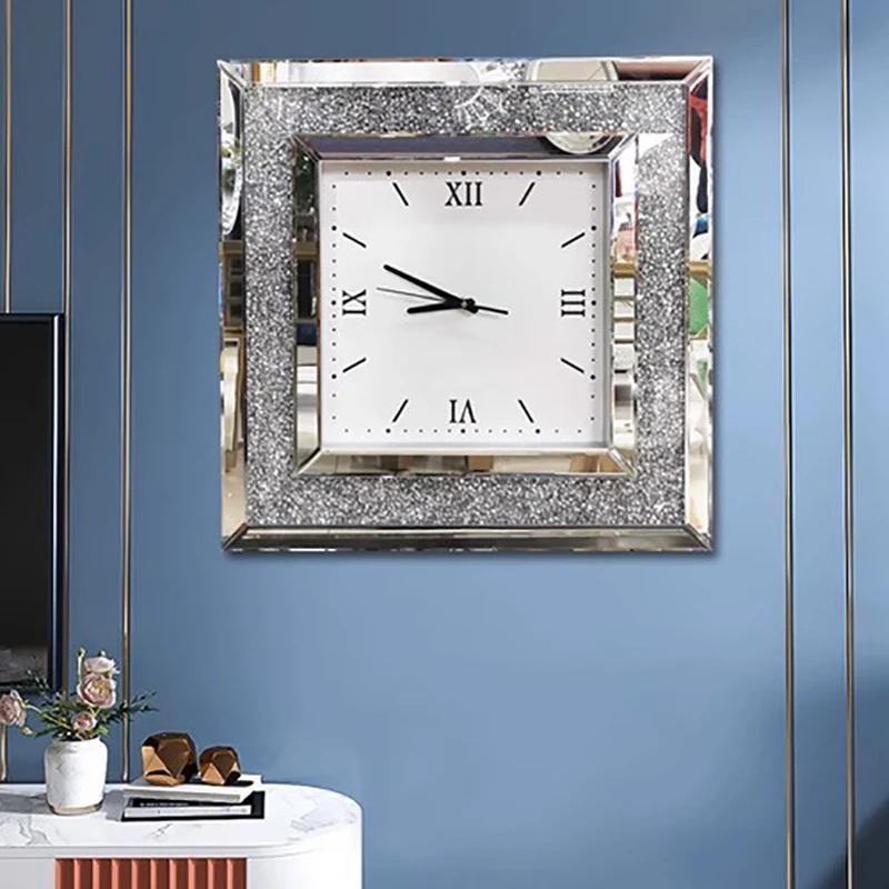 Luxury Diamond Wall Clock Modern Design Big Size Creative Silent Silver Glass Large Mirror Clocks Wall Home Decor Living Room