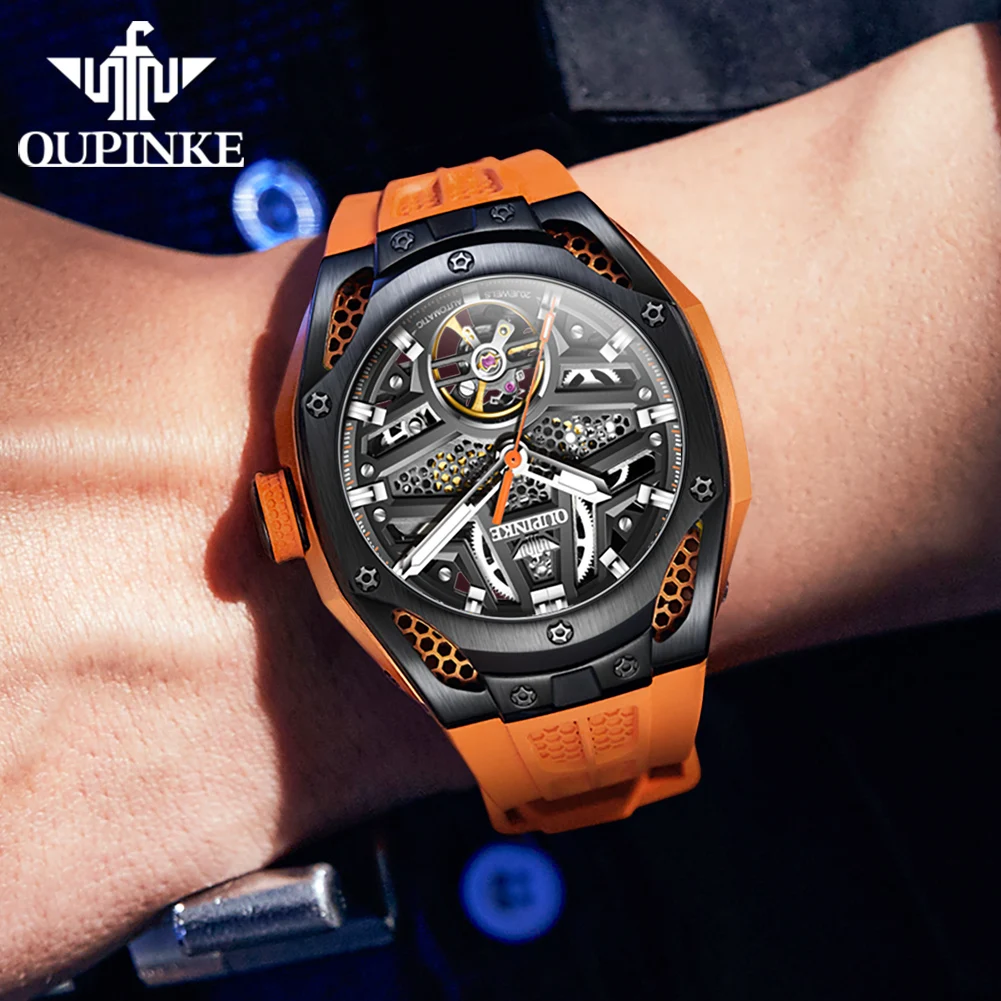 OUPINKE 9003 Sport Mechanical Men\'s Watches Hollow Flywheel Top Brand Fashion Automatic Watch For Men Silicone Strap Hand Clock