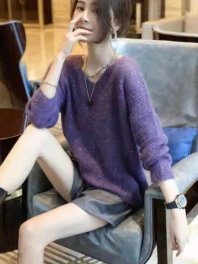 

V-Ne Glitter Knitted Sweater Casual Loose Base Layer irt European Faion Slimming Top Design Sense Autumn Collection