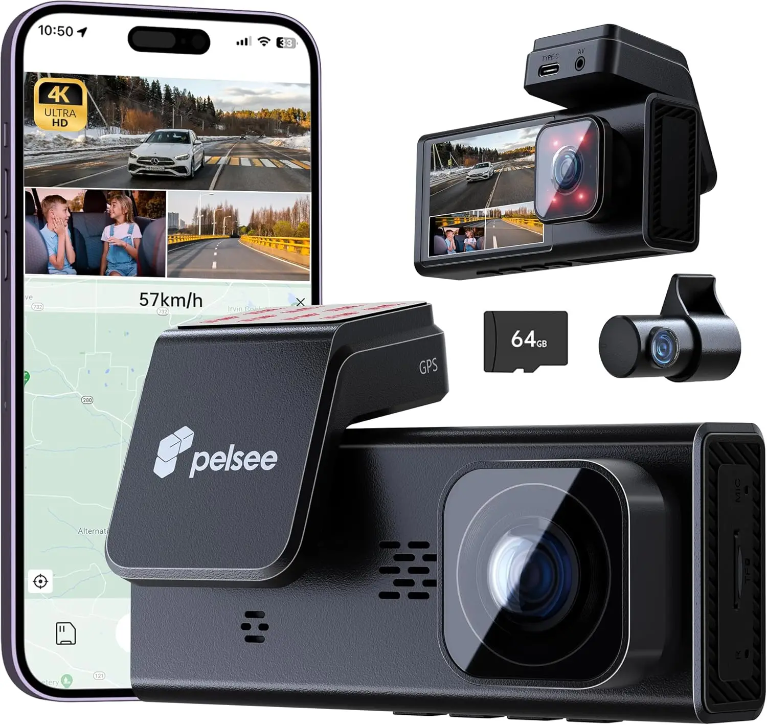 4K 3-Channel Dashcam Front Rear Inside, 4K+1080P+1080P, APP WiFi, 64GB Card, ADAS DMS, 24H Parking Mode, G-Sensor, 256GB Max