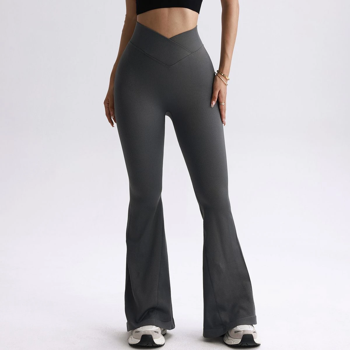 Mallas acampanadas a rayas para mujer, pantalones de entrenamiento para gimnasio y Fitness con cintura cruzada, pantalones de Yoga, mallas de entrenamiento deportivo de punto, ropa deportiva