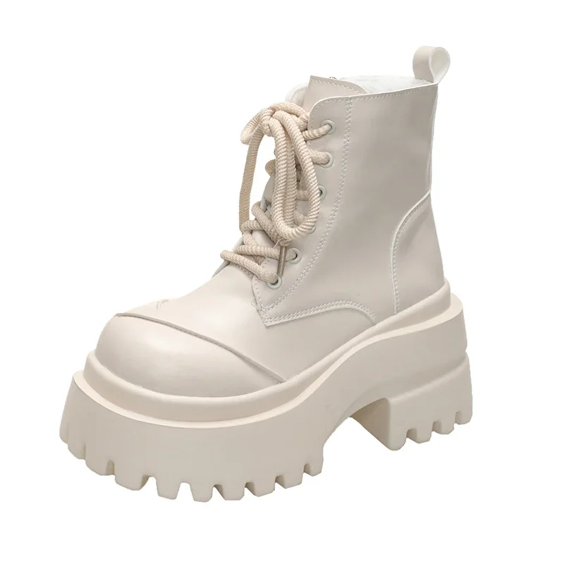 

Women High Platform Ankle Boots New Winter Warm Fur Motorcycle Boots 9CM Heels Chunky Plush Leather Sneakers Woman Botas Mujer