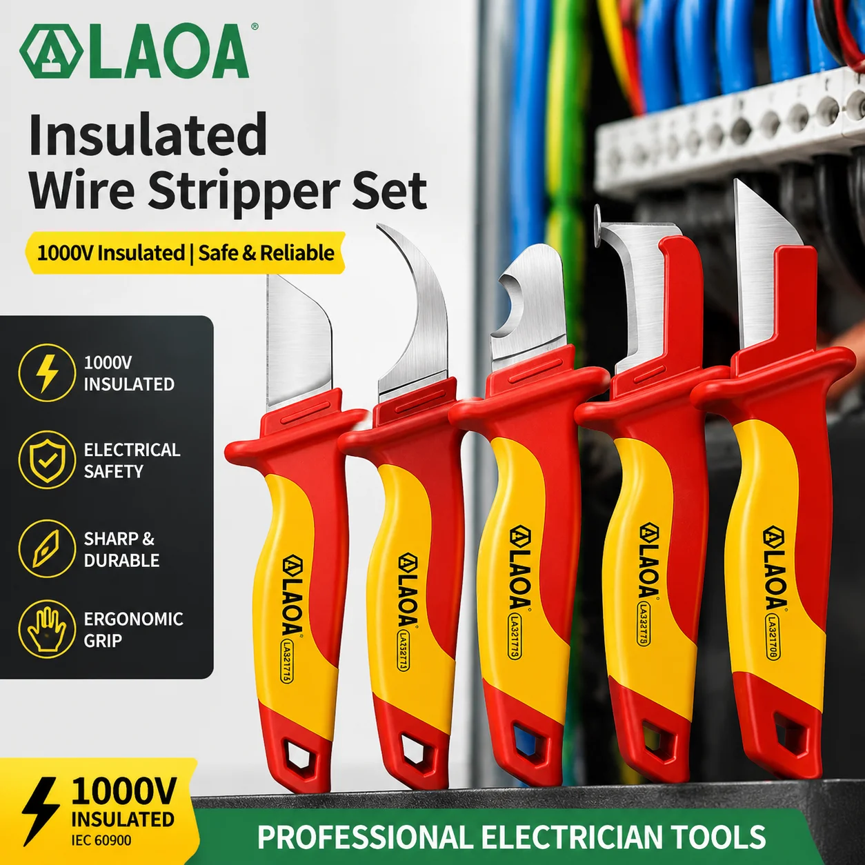 LAOA 1000V Isoliertes Elektriker-Messer, 5 Klingentypen, Rundhaken-Schutz, Edelstahl-Kabelabisolierer, Elektrowerkzeug