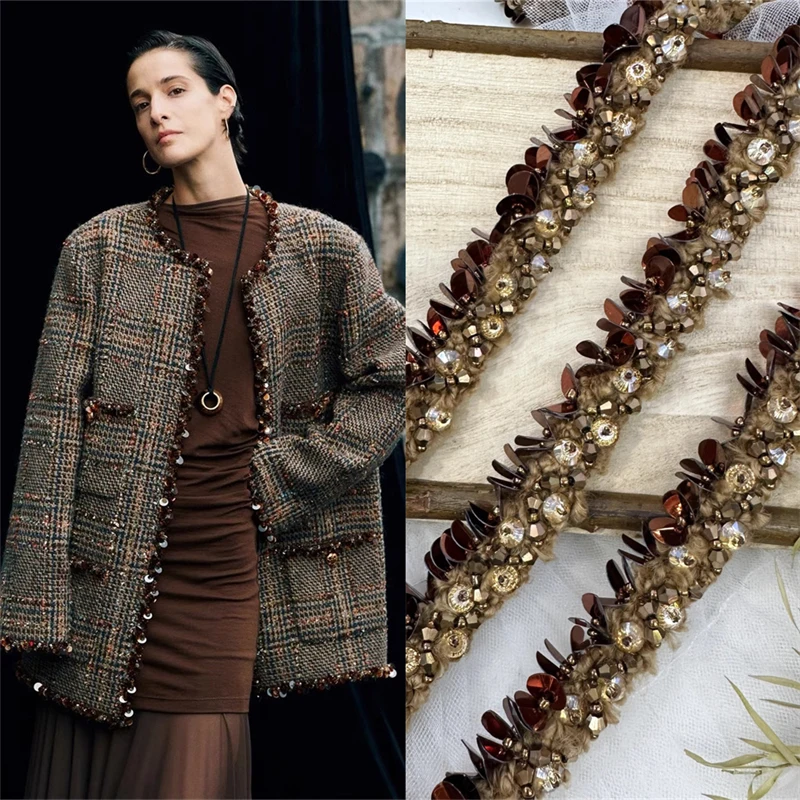 

Fashion Luxury Heavy Industry Coffee Inlaid Diamond Sequins Tweed Lace Handmade Nail Beads DIY Clothing Accessories Placket Edge