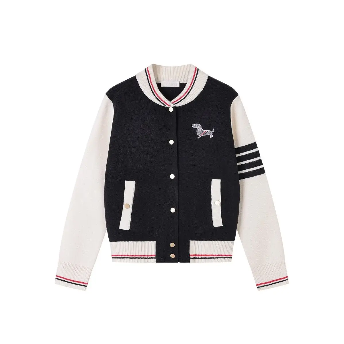 Elegant Knitted Cardigan Women's Sweater with Embroidered Dog Collar College Style Color Block Autumn Winter Fashion Top