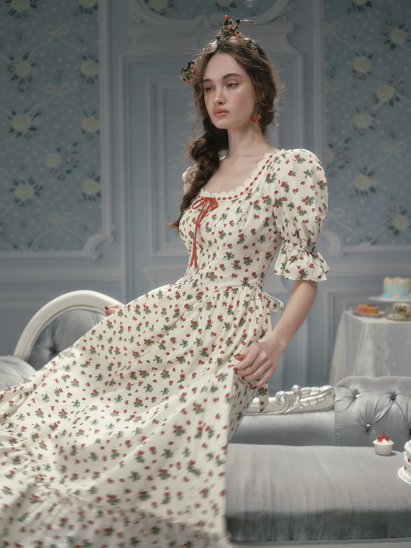 TIYIHAILEY vestido de verano para mujer, vestido largo de manga corta de algodón para mujer, XS-XL Vintage de cintura alta con estampado de fresa y cuello cuadrado