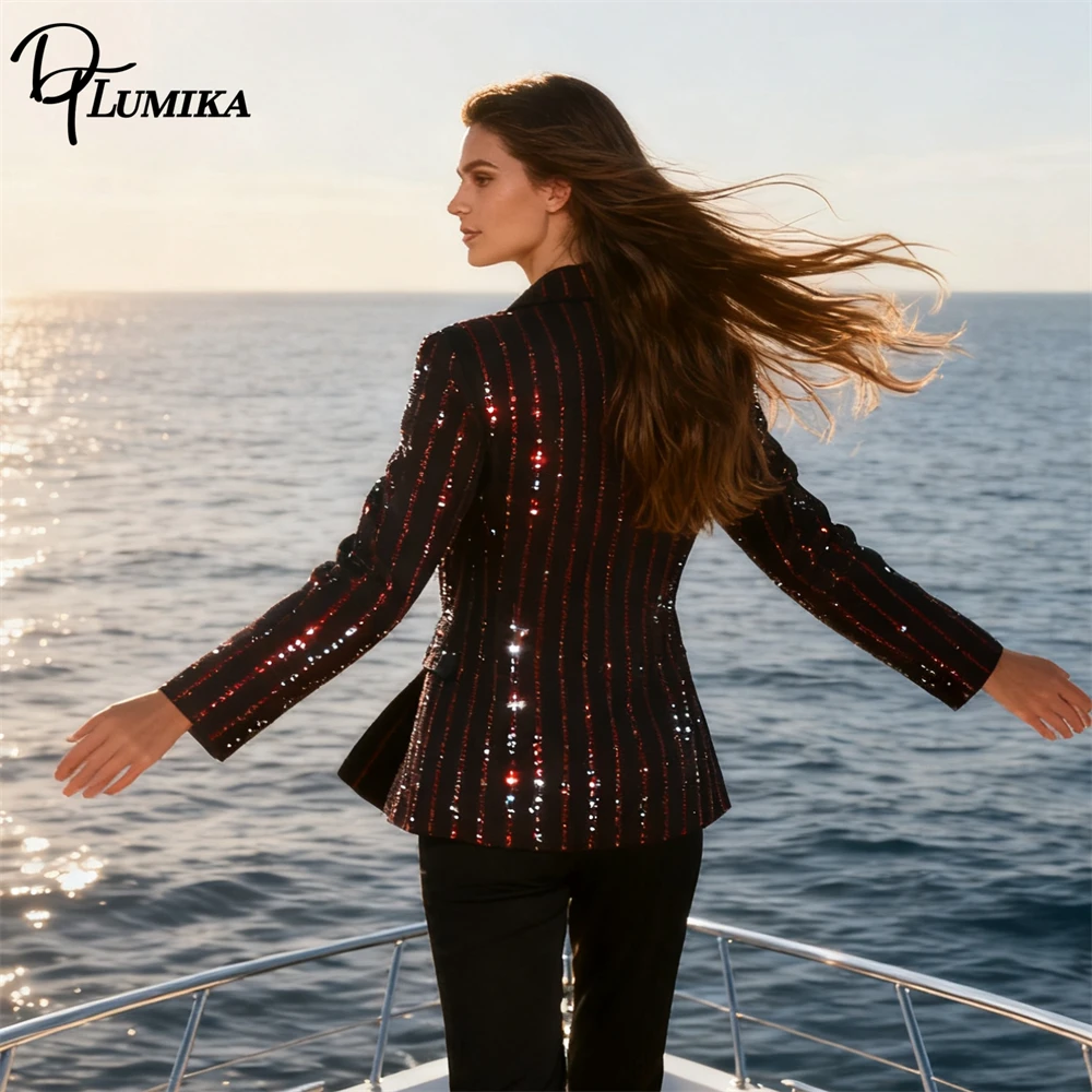 DTLumika Rhinestones Striped Suit Jacket, Womens Slim Fitting Party Suits Double Breasted Regular Length Suit Blazer