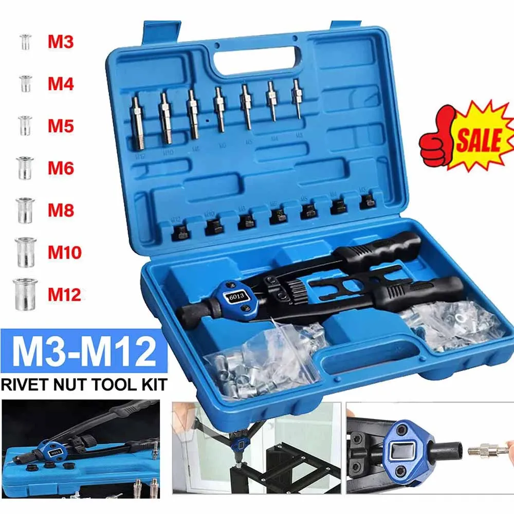 Professional 110Pcs Rivet Nut Nutsert Tool Rivnut Kit Riveter Gun Riveting M3 M4 M5 M6 M8 M10 M12 Mandrels Repair Tools Set