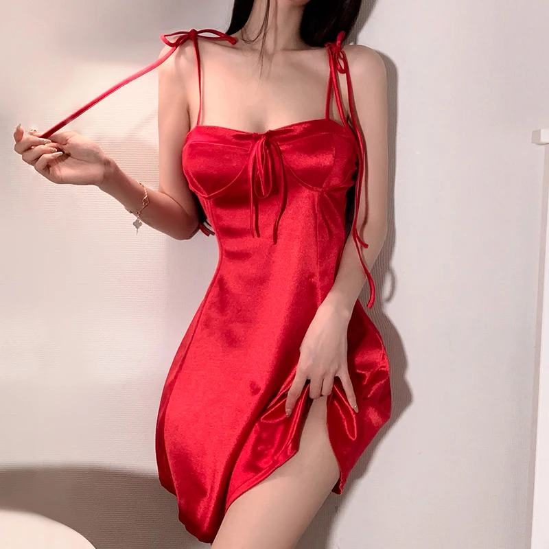 

Sexy Mousse 2023 Autumn Night Wears Sexy Lingerie Pajama Solid Backless Slim Night Dress Women's Home Clothes Suit Red