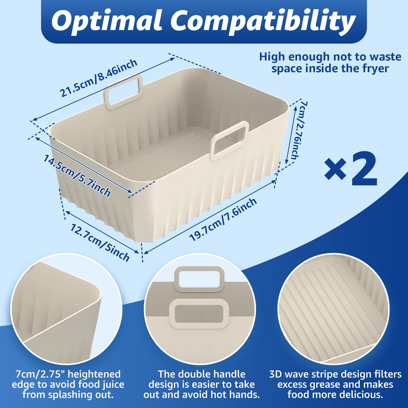 2Pcs Air Fryer Silicone Liner with Handle Reusable Silicone Air Fryer Tray Rectangular Air Fryer Silicone Pot Heat Resistant Air