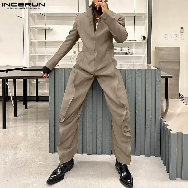 INCERUN Men Jumpsuits Solid Color Lapel Long Sleeve Loose Casual Rompers Men Streetwear 2024 Fashion Oversize Overalls S-5XL