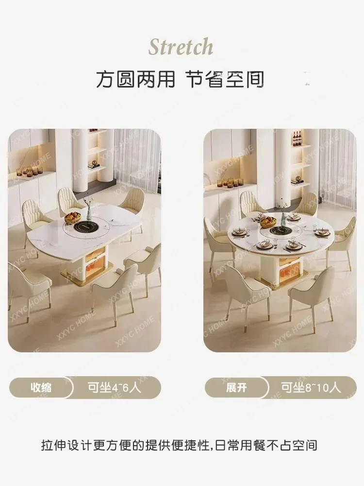 XX Cream Wind Rock Slab Dining Table Small Apartment Telescopic Built-in Turntable Induction Cooker Marble