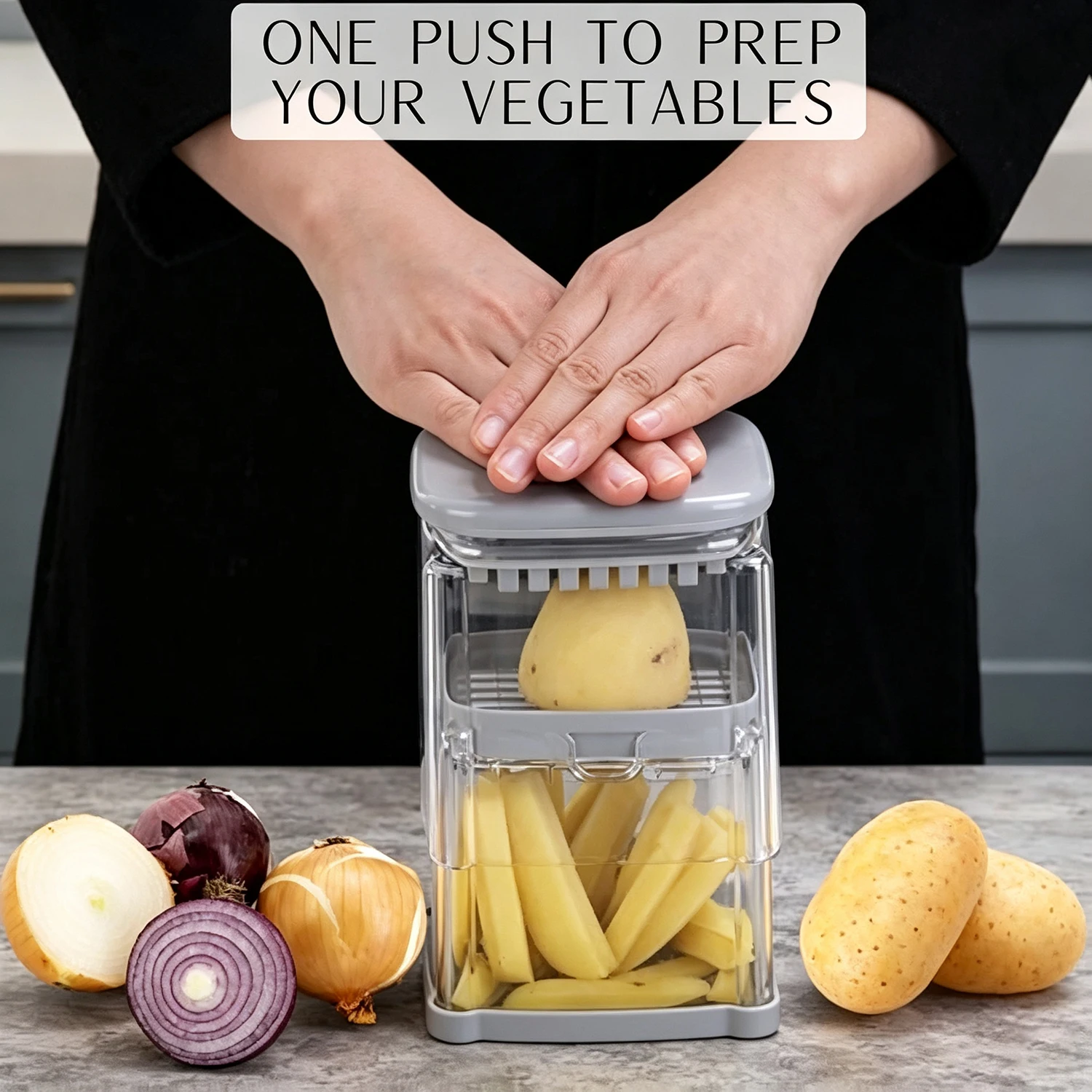 Vegetable Chopper,Manual Push-Down Food Dicer & Chop Box, 4 Blades,French Fry Cutter,Potato Wedge & Veggie Cutter,No Electricity
