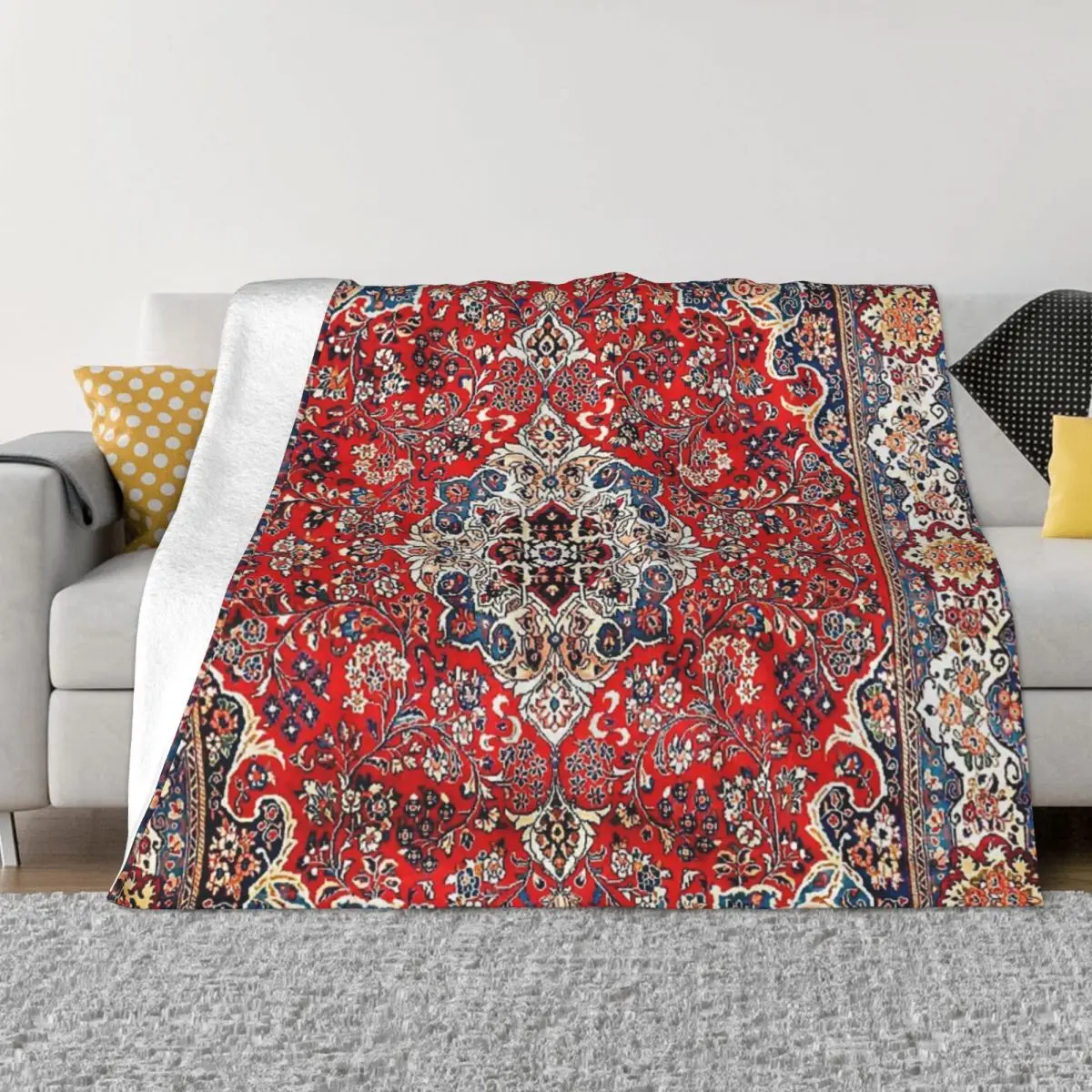 Red Blue Sarouk Persian Carpet Print Anime Blanket Throw Blanket Custom Blanket Personalized Throw Blanket