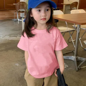 100% Cotton 180gsm Kids T-Shirt 3 100% Cotton 180gsm Fabric Children Boy Girl T shirt 2025 New Summer Women Short Sleeve T-Shirt Cute Style White Solid Color Tops 3