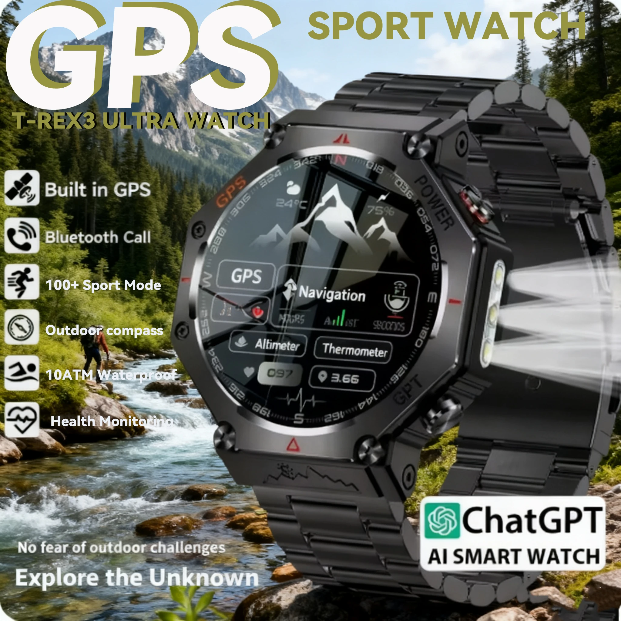 

New T-Rex 3 Ultra Original 10ATM Waterproof GPS Smart Watch for Men Rugged Compass Military Grade 100+ Sports Modes