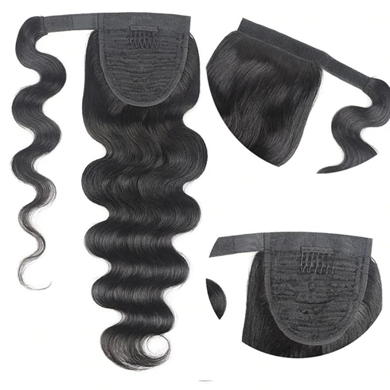 Body Wave Ponytail Extension Human Hair With Magic Paste Warp Around Brazilian 100% Human Hair For Women 1B Natural Color Virgin