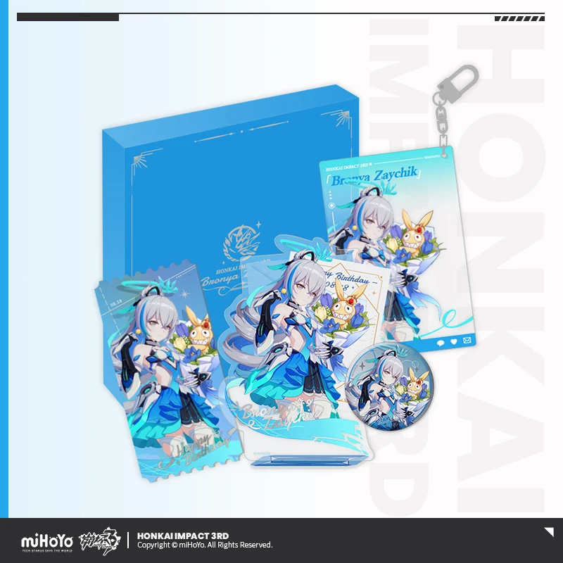 Anime Honkai Impact 3 Bronya Zaychik Cosplay 2023 Birthday Gift Box Stand Model Set Acrylic Pendant Keychain Badge Laser Ticket