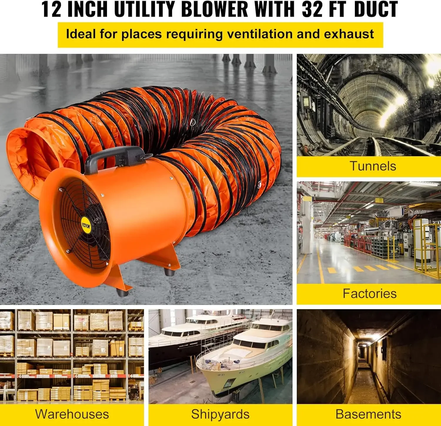 Utility Blower Fan, 12 Inches, 520W 2295 CFM High Velocity Ventilator w/ 32.8 ft/10 m Duct Hose, Portable Ventilation Fan,