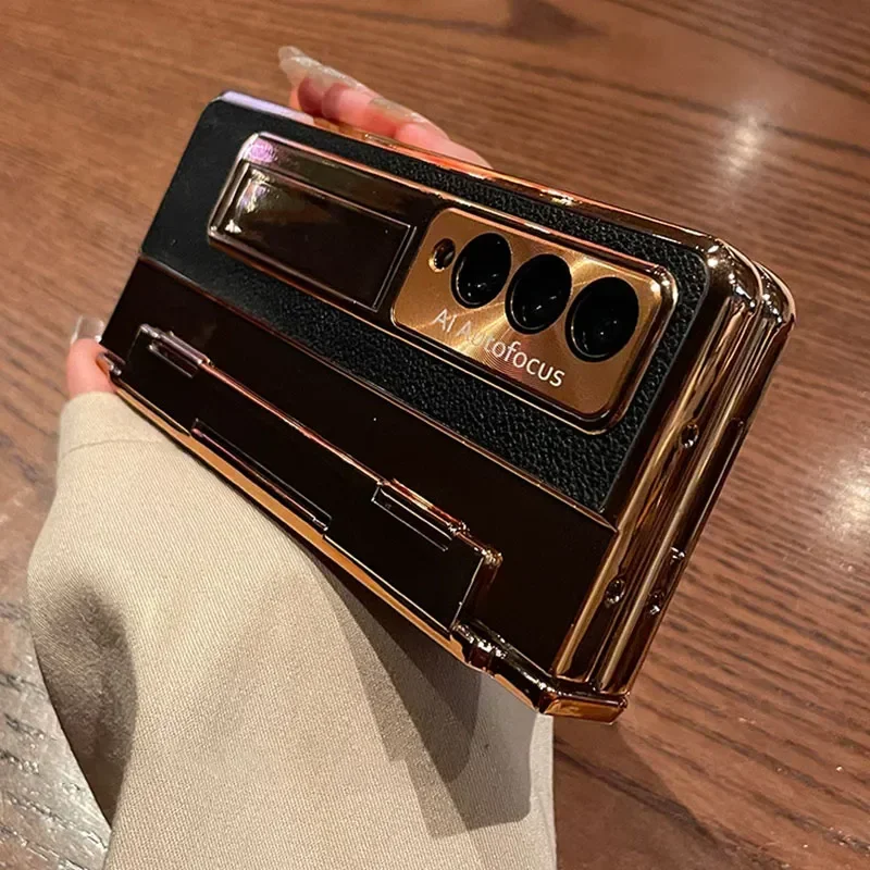 With Screen Protector Luxury Leather Case for Samsung Galaxy Z Fold 7 6 5 Fold 4 Z Fold 3 5G One-Piece Plating Stand Cover Gold