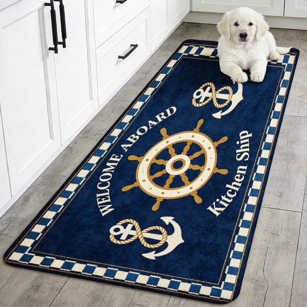Retro Navy Check Nautical Wheel Anchor Runner Mat Anti Slip Water Absorbent Rug Marine Kitchen Decor Carpet for Bath Kitchen