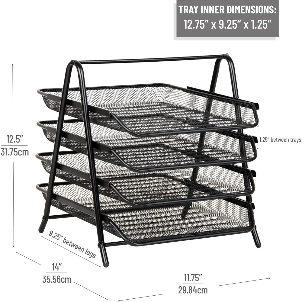 4-Tier Mesh Desktop Organizer, Slide-Out Trays for Files & Documents, Non-Slip Base, Black view 3