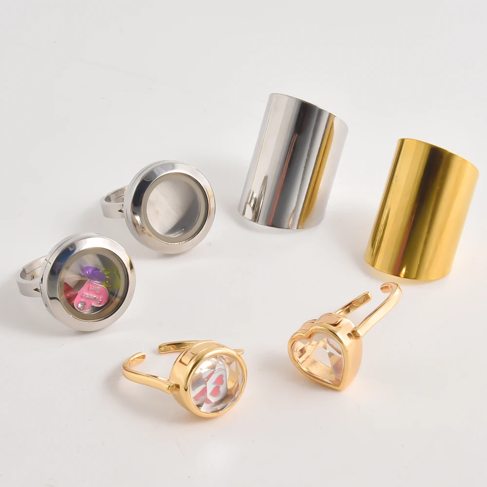 1Pc Trendy  Openable  Heart Double Curved Cremation Urn Memory Locket Open Rings Round Glass Floating Relicario Anillos Jewelry