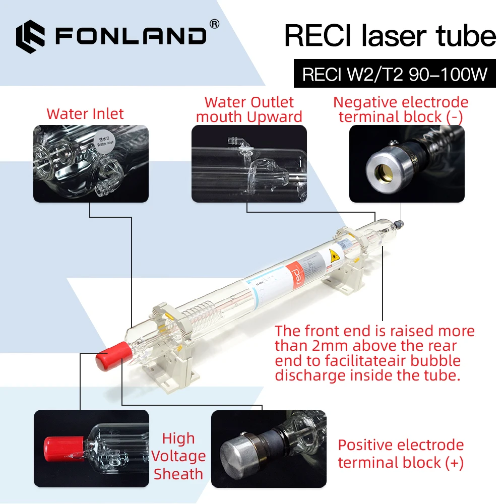 Imagem -03 - Tubo Laser Co2 Fonland Reci Caixa de Madeira Dia de Embalagem w2 t2 Máquina de Gravação e Corte Laser Co2 90w100w s2 z2 80 mm 65 mm