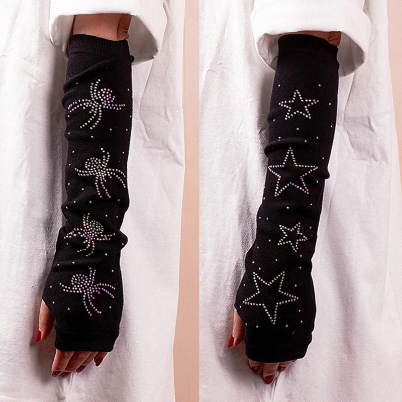 

Fashion Arm Sleeves Fingerless Thumb Hole Long Sleeves Rhinestone Summer Sunscreen Driving Sleeves for Hiking Climbing