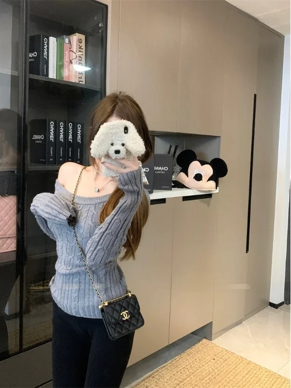 سترة محبوكة بدون أكتاف للنساء بقصة ضيقة وقاعدة كتف irt العصرية Ci Walk الكورية Sle طويلة Sve متماسكة...