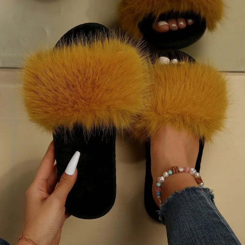 Winter 2023 Women\'s Fashion Fur Slippers Fluffy and Cute Plush Women\'s Luxury Outdoor Anti Slip Durable Flat Bottom Slippers