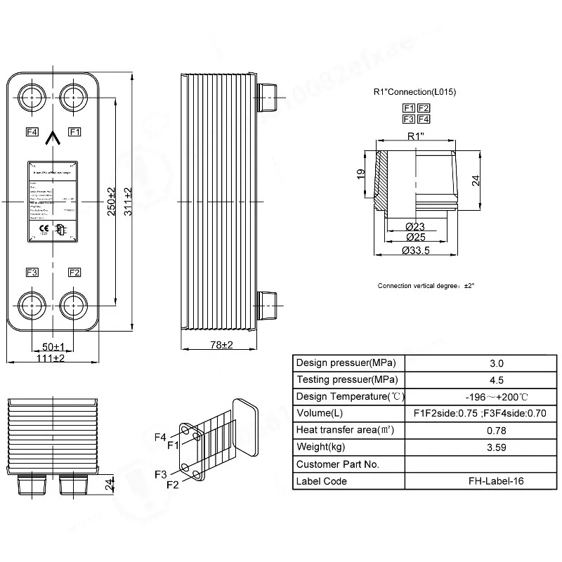 0.78m2 Heat Transfer Areas 30 Plates 316L Stainless Steel Customized Brazed Plate Heat Exchanger with R1