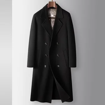 2025 Autumn/Winter New Men's 100% Wool Coat Knee length Double breasted Goose Down Inner Tank Thickened for Warmth 4