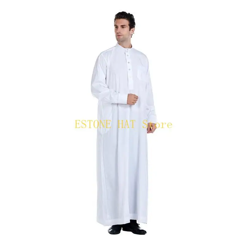 49MF Ramadan Muslim Dress Abayas Dubai Casual Kaftan Robe Islamic Costume with Long Sleeve Stand Collar Thobe Gift for Men