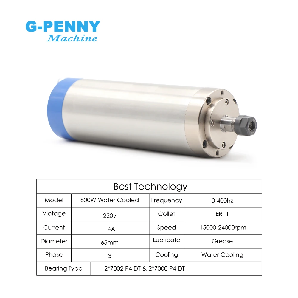 G-Penny 800w Water Cooled Spindle Motor kit 0.8kw Water Cooling 110v / 220v 65x195mm ER11 4 bearings & 65mm aluminium clamp