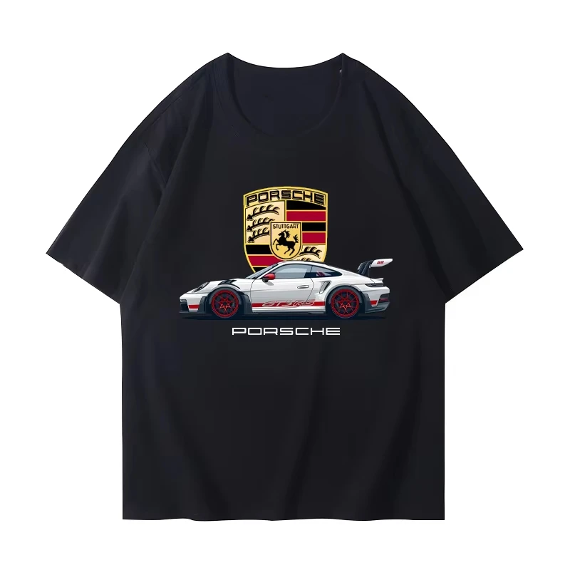 Porsche GT3 911 car themed printed pattern short sleeved RMB car enthusiast men's pure cotton T-shirt