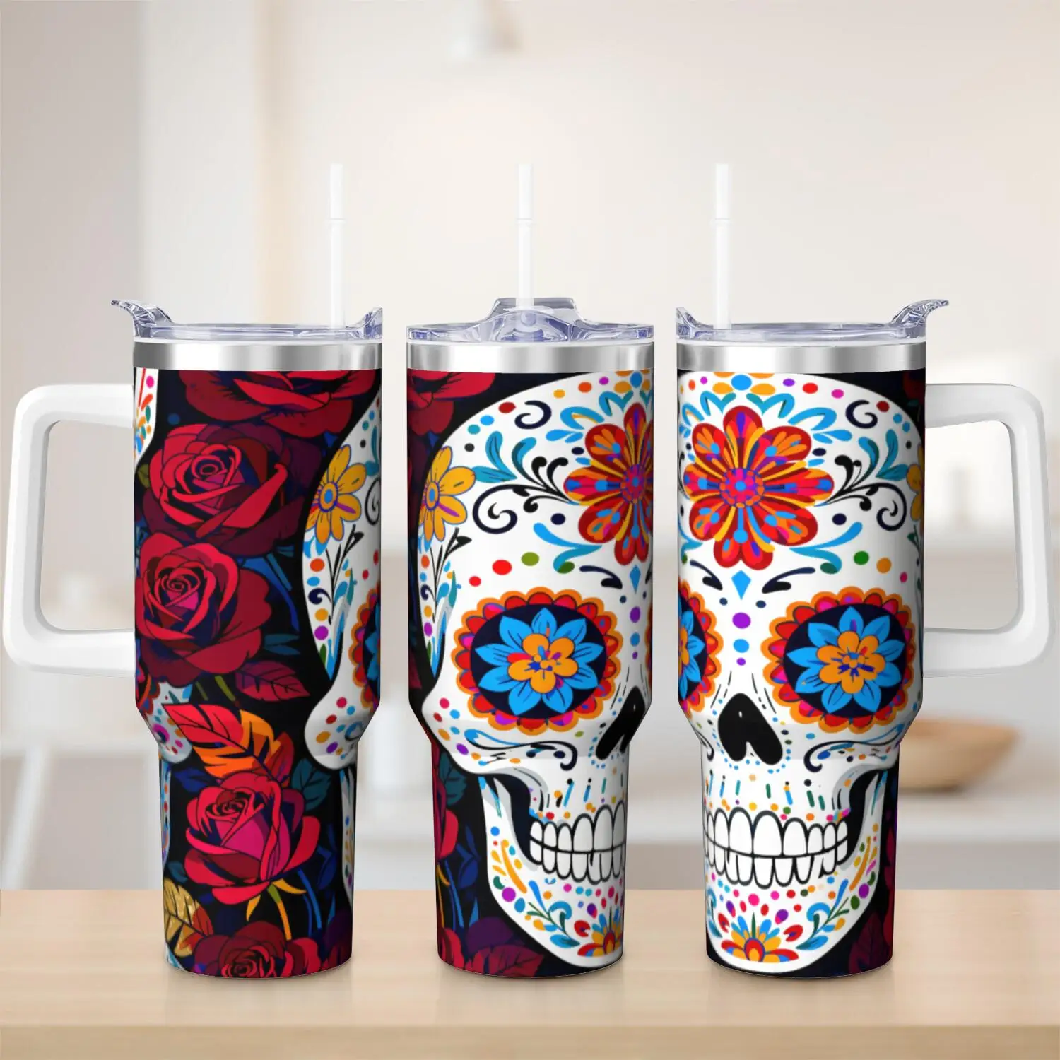 Skull Handle Cup Set with Straw | Maximum Capacity 40 oz, Inner Layer 304 Stainless Steel, Outer Layer 201 Stainless Steel, Seamless Inner Liner, Lid Made of PC Material, Suitable for Home, Office, Outdoor, Sports, and Car Use