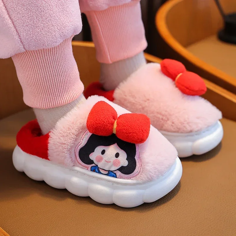 Children Winter Girls Plush Slippers Kids Indoor Mule Soft Sole Non-Slip Warm Flip Flops Cute Cartoon Princess Home Cotton Shoes