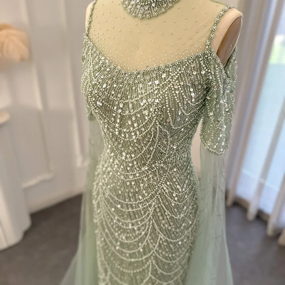 Customized Green Mermaid Luxury Dubai Evening Dress With Cape Sleeves Elegant Women Purple Wedding Formal Party Gown Formal Fash