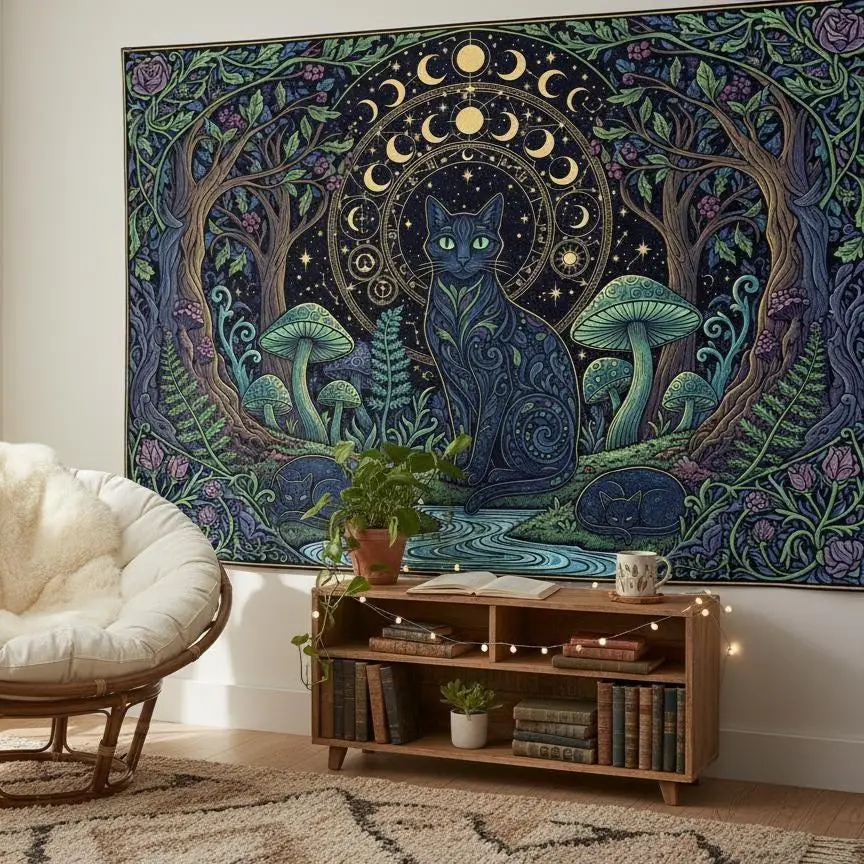VIKAMA Mysterious Moon Phase Black Cat Tapestry Bohemian Background Cloth Living Room Meditation Room Room Decoration
